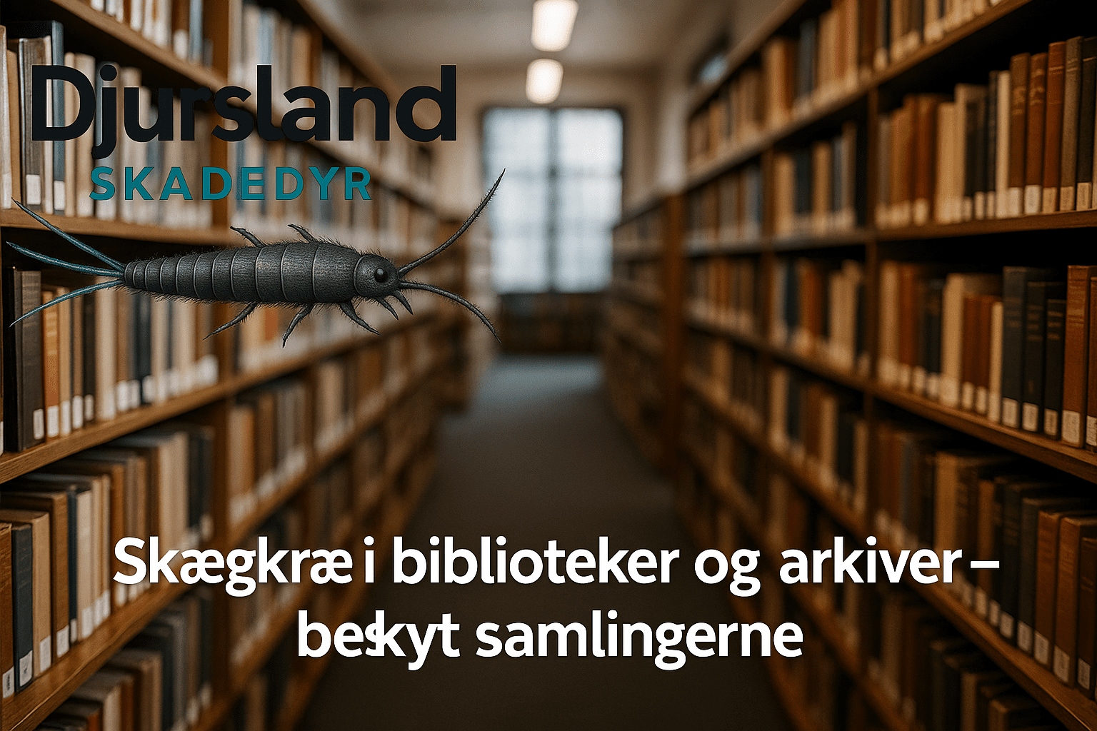 Skægkræ mellem bøger, papirer og arkivmateriale på hylder.