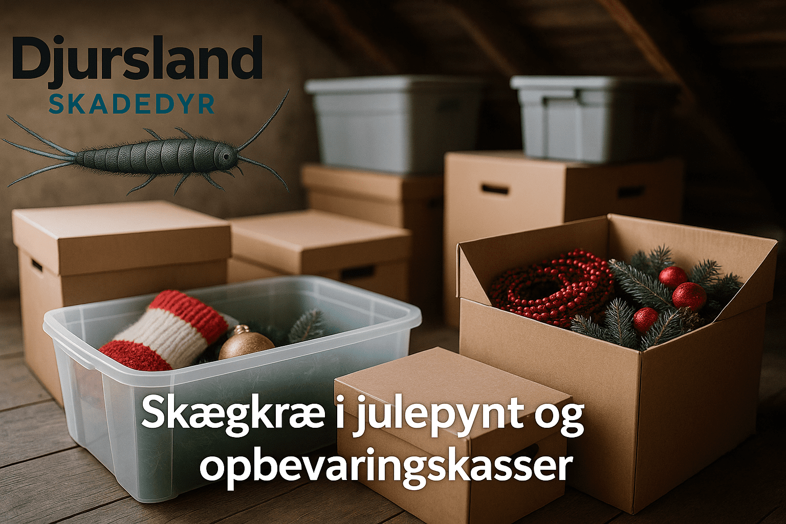 Skægkræ i kasser med julepynt og ting, der har stået længe i opbevaring.